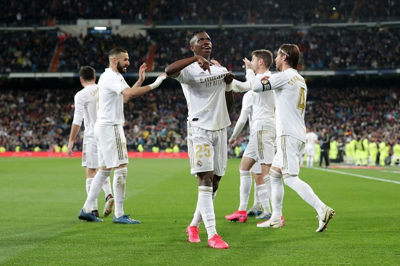 Vinicius celebrates after scoring Real Madrid's opening goal of the latest El Clasico